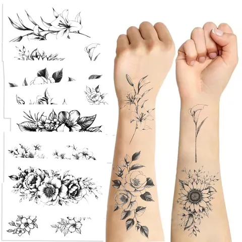 Black Floral Temporary Tattoo Stickers Waterproof Sketch Flower Tattoo Decals For Body Art Party Holiday Toy