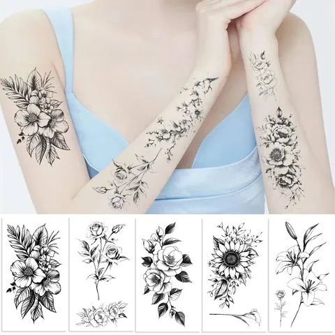 Black Floral Temporary Tattoo Stickers Waterproof Sketch Flower Tattoo Decals For Body Art Party Holiday Toy