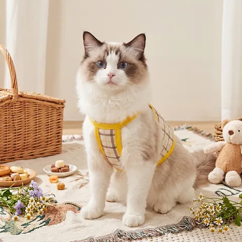 Summer Cooling Breathable Cat Sling Vest Cute Plaid Pet Clothes Anti-Hair Loss Kitten Apparel With Traction Ring