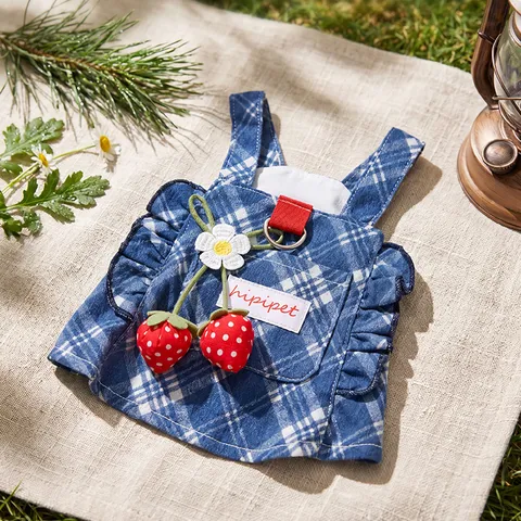 Pet Dog Summer Denim Suspender Dress Cute Retro Strawberry Polka Dot Puppy Skirt Small Dogs Apparel Puppy Clothes