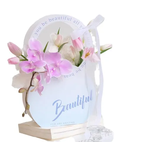 Boîte d'Emballage Ronde en Papier pour Fleurs Avec Poignée Découpée Panier Cadeau Décoratif pour Fête des Mères Mariage Composition Florale