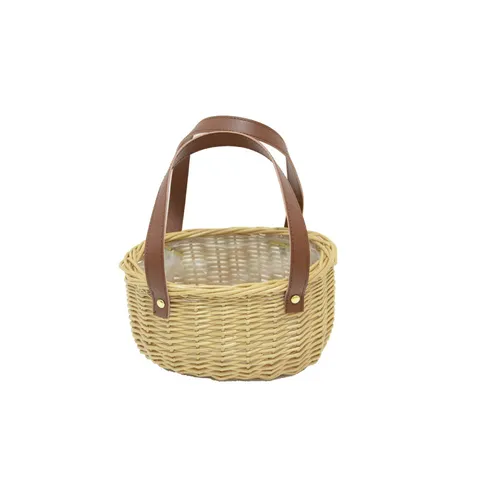 Pastoraler Handgewebter Weiden-Rattan-Blumenkorb Mit Lederriemen Handgehaltener Schulranzen Förmiger Webkorb Für Hausdekoration Blumenarrangement