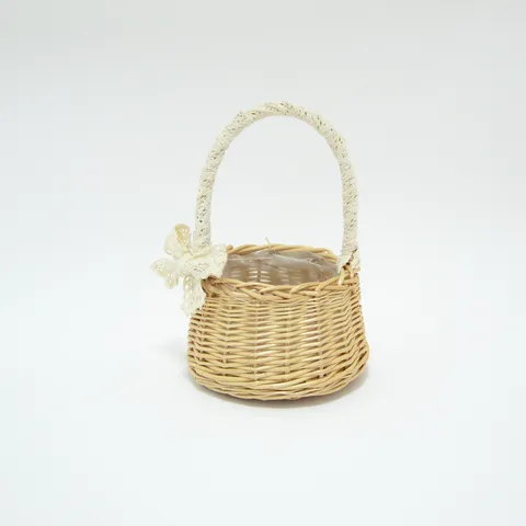 Pastoral Woven Wicker Flower Basket With Lace Trim Bowknot Handle For Wedding Home Arrangement Handmade Rattan Storage Basket Decorative Handheld Organizer Basket