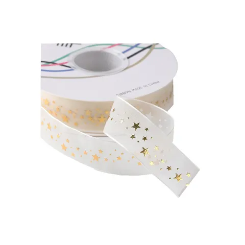 Polyester Bronzing Sheer Organza Ribbon With English Letters Heart Star Rose Patterns For Floral Gift Wrap Wedding Decor