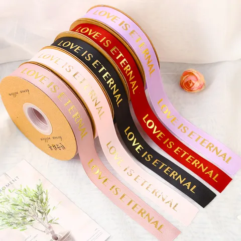 Love Is Eternal Hot Stamping Polyester Ribbon Gold Letters Grosgrain Ribbon For DIY Flower Bouquet Gift Box Packing Baking Decor