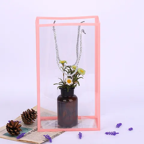 Ins Style PVC Transparent Flower Bouquet Gift Tote Bag Waterproof Flower Packaging Bag With Colored Border For Wedding Party