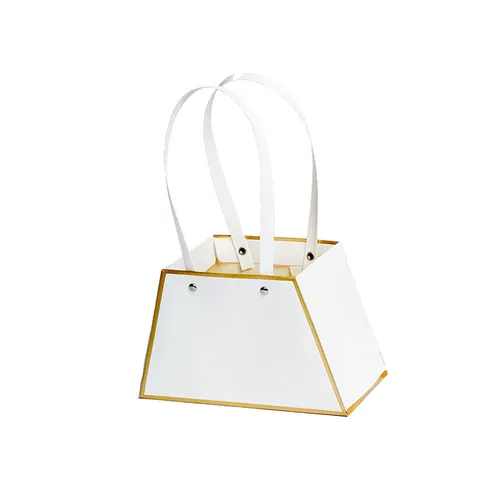 Handbediende Trapeziumvormige Bloemen Verpakkingsdoos Kraft Papier Vouwen Cadeauzak Met Lint Handvat Gouden Rand Bloemendoos