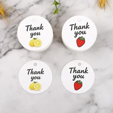 Etichette Regalo Rotonde in Carta Biglietto di Ringraziamento Con Motivo Limone e Fragola per Confezione Matrimonio