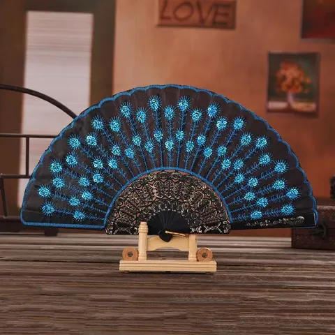 Abanico Plegable Estilo Español Marco Plástico Tela Bordado Lentejuelas Patrón Cola Pavo Real para Baile Decoración Hogar
