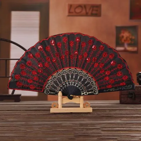 Abanico Plegable Estilo Español Marco Plástico Tela Bordado Lentejuelas Patrón Cola Pavo Real para Baile Decoración Hogar