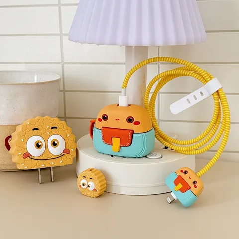 Dibujos Animados Galleta Monstruo Mochila Escolar Protector de Cargador Apple Conjunto de Cubierta de Cable de Datos de Silicona Antirotura