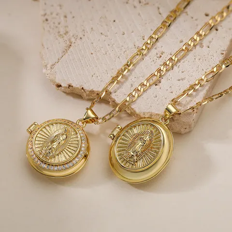 Vintage Copper Zirconia Locket Pendant Necklace For Women Elegant Religious Style Fashion Jewelry Chain