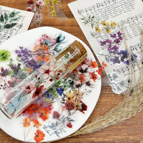 Vintage Ink Floral PET Stickers Waterproof Decorative Material For DIY Journal Scrapbook Water Bottle Phone Case