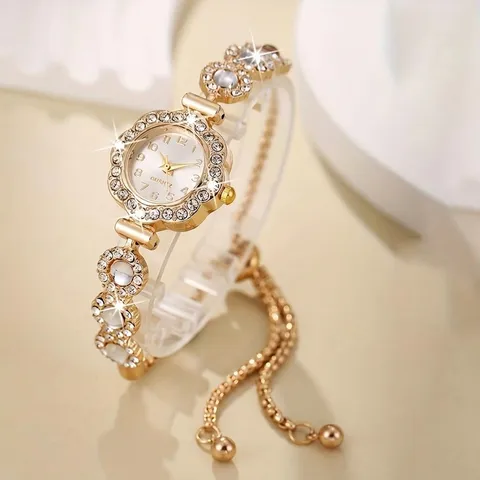 Fashion Women Bracelet Watch Flower Shaped Rhinestone Alloy Quartz Wristwatch Luxury Elegant Jewelry Gift For Ladies