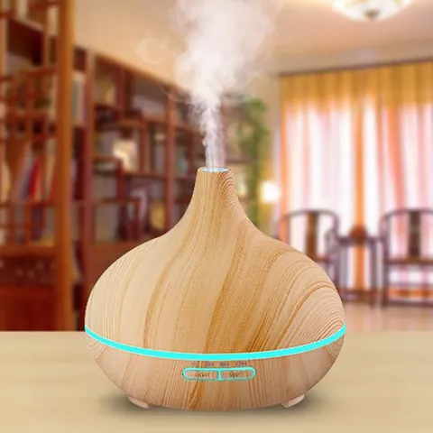 Difusor de Aceites Esenciales Ultrasónico Forma de Cebolla Humidificador Grano de Madera Con Luces LED Coloridas y Temporizador