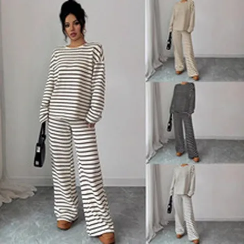 Women Striped Casual Two Piece Set Round Neck Long Sleeve Pullover Top And High Waist Wide Leg Pants Lounge Knit Outfit