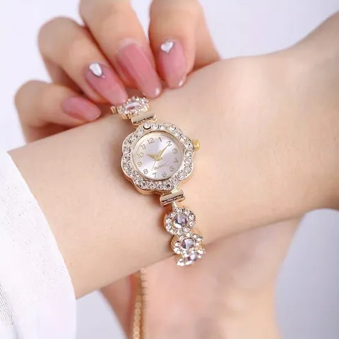 Reloj de Pulsera para Mujer de Moda Forma de Flor Diamantes de Imitación Aleación Cuarzo Lujo Joyas Elegantes Regalo para Damas