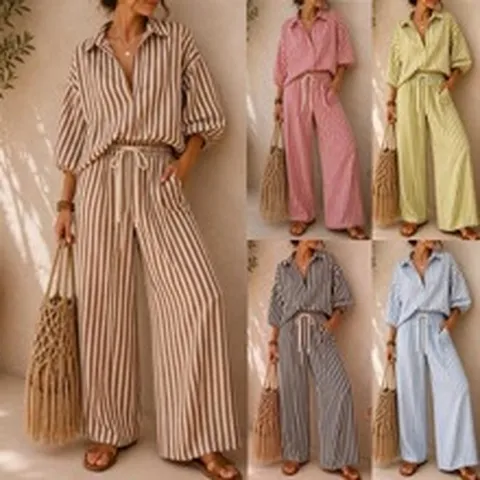 Women Striped Top And Bottom Casual Vacation Lantern Sleeve Shirt And Wide Leg Pants Two Piece Outfits For Summer