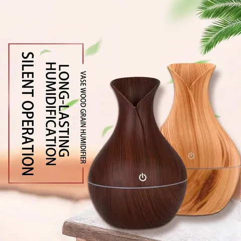 Humidificateur Champi Vase Grain de Bois Diffuseur d'Huiles Essentielles USB Veilleuse LED Colorée Purificateur d'Air Silencieux pour Voiture Maison Bureau