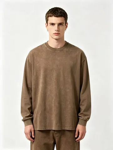 Men's Casual Long Sleeve T-Shirt Heavyweight Washed Vintage Cotton Loose Fit Crew Neck Basic Pullover Top