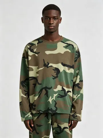 Men's Casual Long Sleeve Camouflage Cotton T-Shirt Loose Fit Crew Neck Top