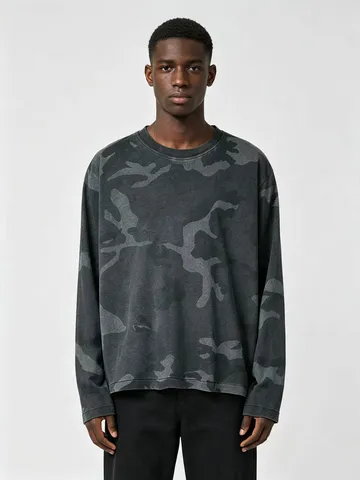 Men's Casual Long Sleeve Camouflage Cotton T-Shirt Loose Fit Crew Neck Top