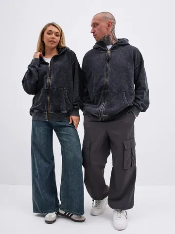 Men's Retro Heavyweight Fleece Zip Up Hoodie American Vintage Acid Washed Oversized Casual Sweatshirt Couple Hooded Jacket