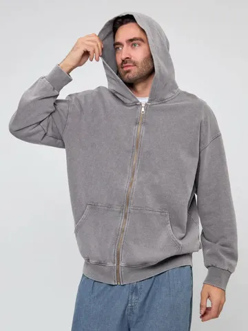 Men's Retro Heavyweight Fleece Zip Up Hoodie American Vintage Acid Washed Oversized Casual Sweatshirt Couple Hooded Jacket
