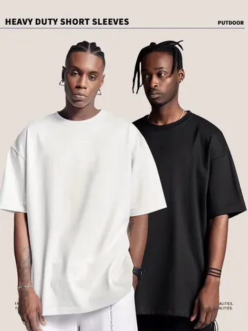 Men's Casual Heavyweight Cotton T-Shirt Solid Color Loose Fit Short Sleeve Drop Shoulder Crew Neck Top