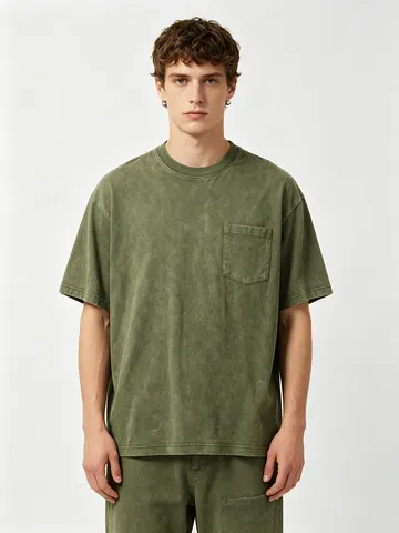 Men's Retro Washed Pure Cotton Short Sleeve T-Shirt Loose Fit Solid Color Chest Pocket Casual Crew Neck Tee Top