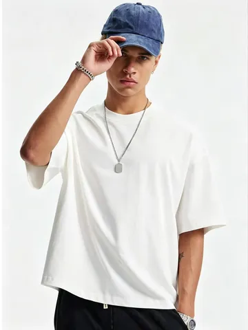 Men's Casual Drop Shoulder Oversized Short Sleeve T-Shirt Loose Fit Solid Color Cotton Basic Tee Top