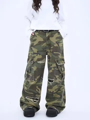 Jeans Cargo Mimetici da Uomo Gamba Dritta Vestibilità Larga Stile Hip Hop Americano Casual