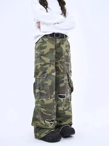 Jeans Cargo Mimetici da Uomo Gamba Dritta Vestibilità Larga Stile Hip Hop Americano Casual