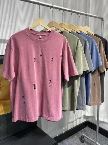 Men's Heavyweight Washed Vintage Distressed Short Sleeve T-Shirt Loose Casual Cotton Crew Neck Top