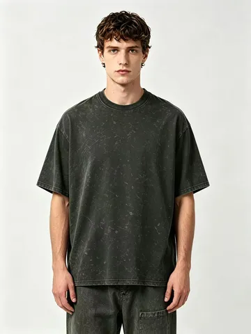 Men's Casual Cotton Loose Drop Shoulder Short Sleeve T-Shirt Solid Color Retro Washed Basic Tee Top