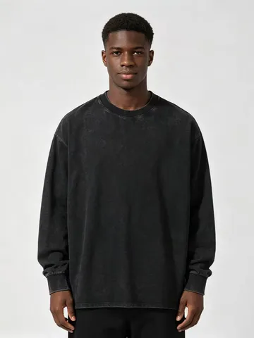 Men's Casual Long Sleeve T-Shirt Heavyweight Washed Vintage Cotton Loose Fit Crew Neck Basic Pullover Top