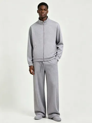 Men's Casual Heavyweight Fleece Stand Collar Zip Up Sweatshirt And Sweatpants Solid Color Activewear Suit