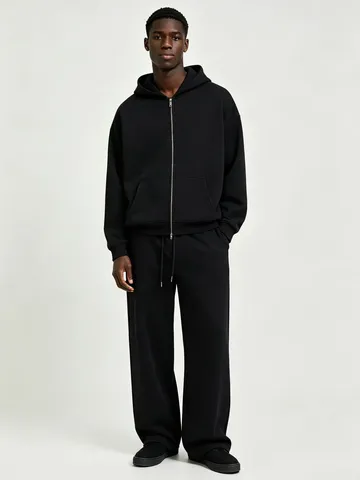 Men's Heavyweight Cotton Blend Full Zip Hooded Sweatshirt Casual Solid Color Long Sleeve Jacket And Sweatpants