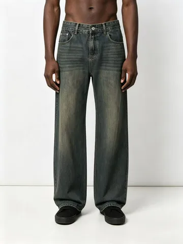 Men's Vintage Casual Loose Straight Leg Jeans American Streetwear Hip Hop Washed Denim Pants