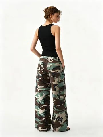 Men's Camouflage Print Straight Leg Jeans Casual Hip Hop Loose Fit High Waist Denim Pants Streetwear