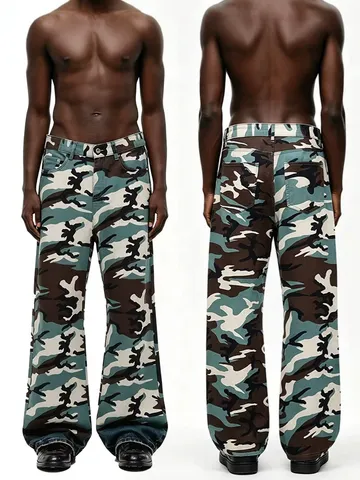 Men's Camouflage Print Straight Leg Jeans Casual Hip Hop Loose Fit High Waist Denim Pants Streetwear