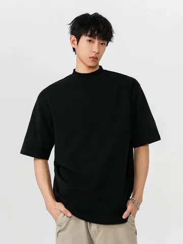 Men's Heavyweight Cotton Oversized T-Shirt Casual Loose Fit Drop Shoulder Mock Neck Short Sleeve Top