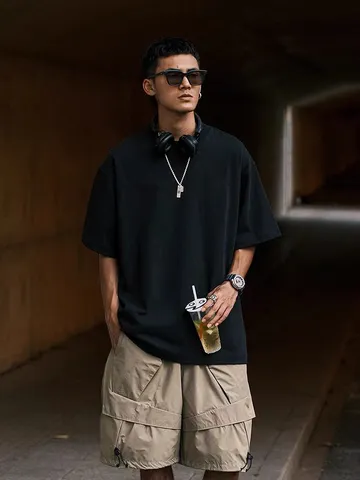 Men's Casual Heavyweight Heavy Cotton T-Shirt Basic Solid Color Drop Shoulder Short Sleeve Top For Men