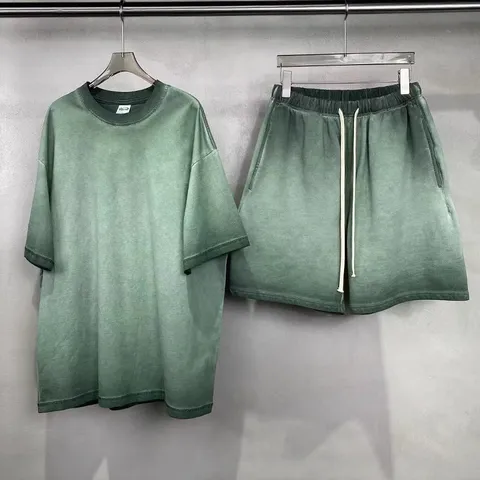 Men's American Street Style Washed Distressed Pure Cotton T-Shirt And Shorts Casual Tracksuit Set Summer