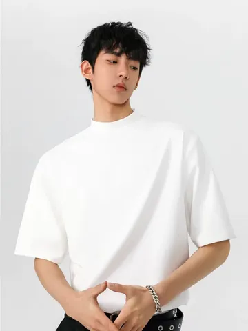 Men's Heavyweight Cotton Oversized T-Shirt Casual Loose Fit Drop Shoulder Mock Neck Short Sleeve Top
