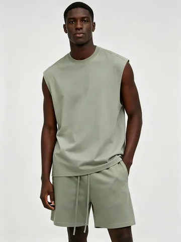Men's Casual Cotton Tank Top And Shorts Activewear Set Loose Sleeveless Crew Neck Workout Gym Sports Summer Outfit