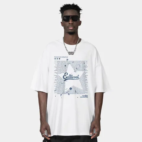 Men's Casual Hip Hop Drop Shoulder T Shirt Cotton Loose Short Sleeve Crew Neck Letter Print Graphic Tee Top