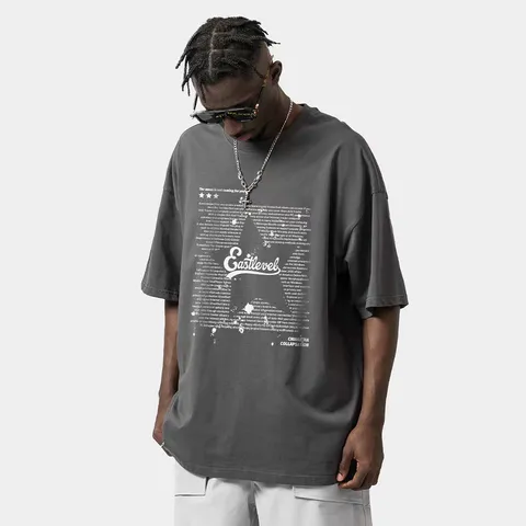 Men's Casual Hip Hop Drop Shoulder T Shirt Cotton Loose Short Sleeve Crew Neck Letter Print Graphic Tee Top