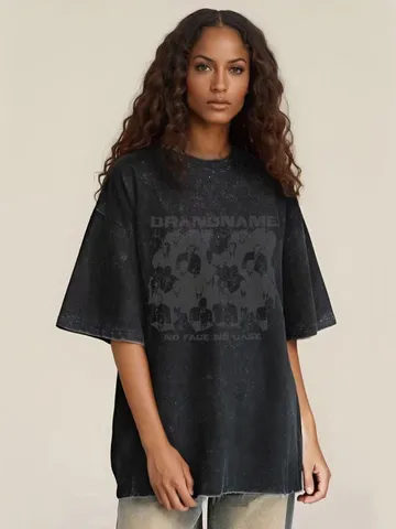Men And Women Oversized Washed Distressed Short Sleeve T-Shirt Vintage Graphic Print Loose Casual Cotton Top