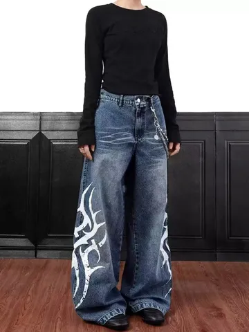 Men's Casual Loose Straight Leg Jeans American Hip Hop Style Washed Denim Pants With Tribal Print And Metal Chain